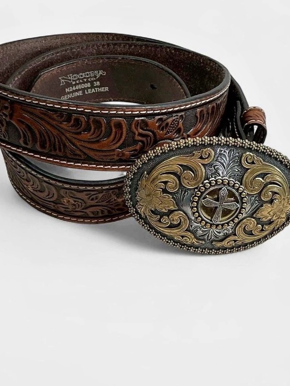Nocona Brown Tooled Leather Western Belt Size 38 Gold Silver Cross Buckle